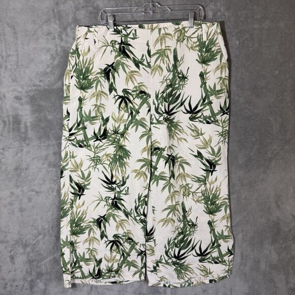 J Jill Linen Pants XL Green Floral Wide Leg Beachy Pockets Split Hem Side Zip - Picture 2 of 10